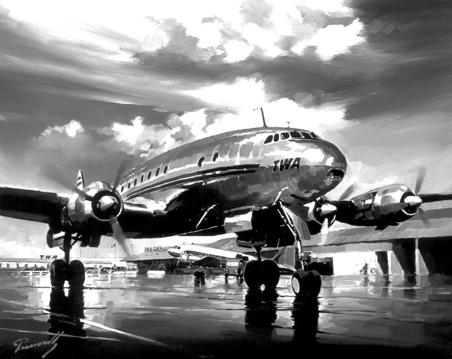 "TWA Lockheed Constellation at Paris-Orly" by Lucio Perinotto. For more striking paintings by the artist, please visit his web site at http://www.lucioperinotto.com/