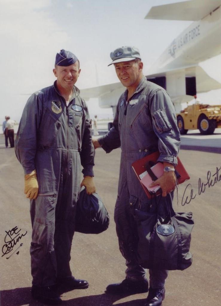 Major Joseph F. Cotton, USAF, and Alvin S. White, North American Aviation, with the XB-70A Valkyrie. (Autographed photograph courtesy of Neil Corbett, TEST & RESEARCH PILOTS, FLIGHT TEST ENGINEERS)